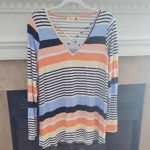 Striped V-Neck Long Sleeve Tee with Crisscross Detail - Multi